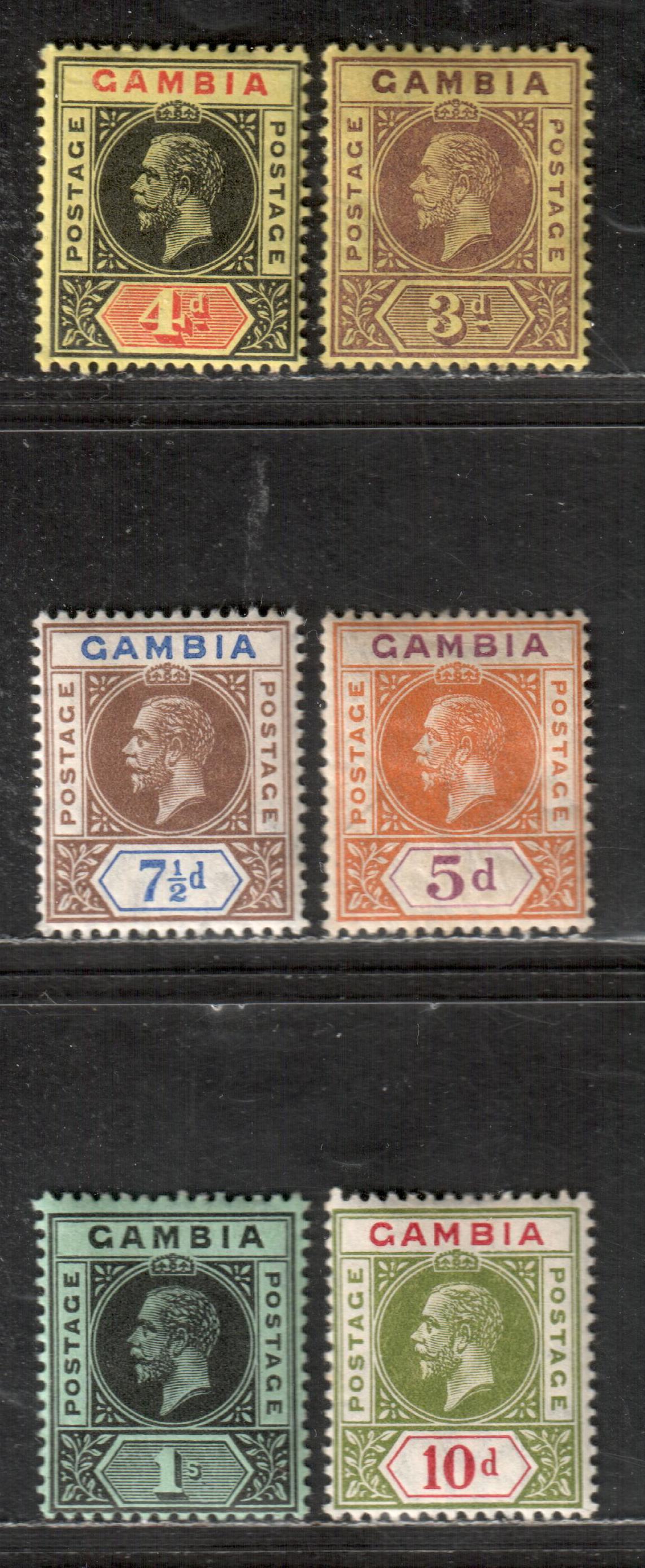 Lot 15 Gambia SG#91/97 1912-1922 King George V Keyplates, With Multiple crown CA Wmk, 6 VFOG Singles, Click on Listing to See ALL Pictures, Estimated Value $20