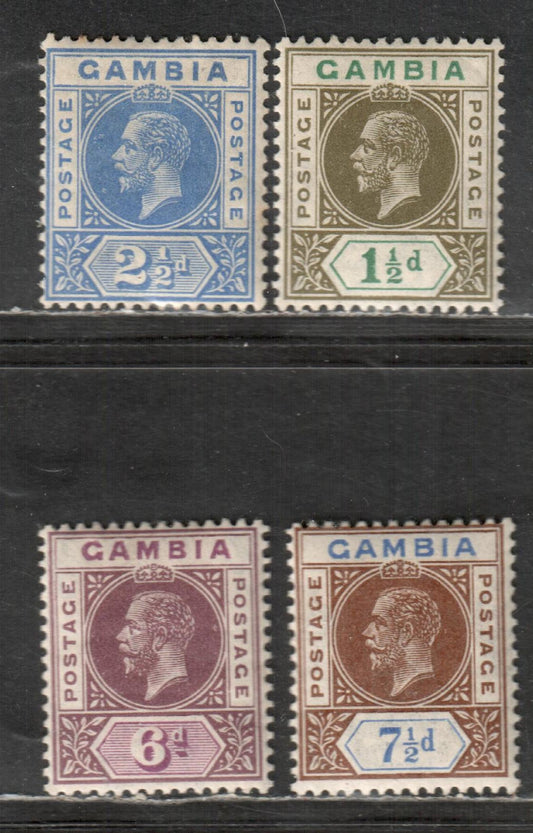 Lot 18 Gambia SG#110/115 1921-1922 King George V Keyplates, With Multiple Script CA Wmk, 4 F/VF OG Singles, Click on Listing to See ALL Pictures, Estimated Value $8