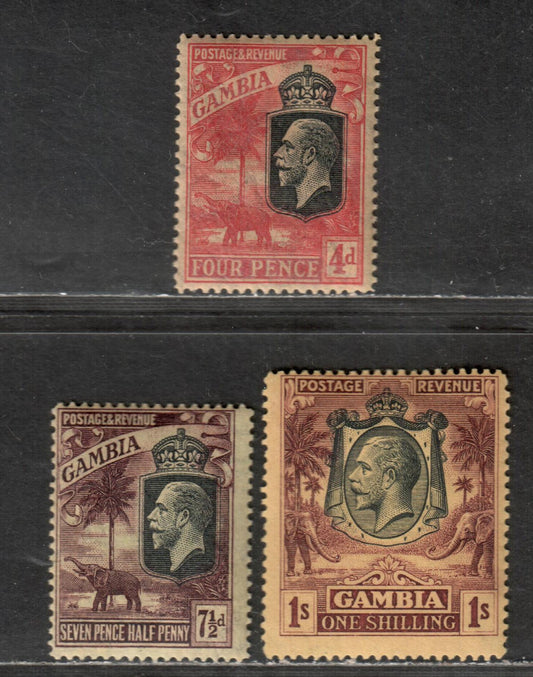 Lot 19 Gambia SG#118/120 1922-1929 Elephant & River Scene Definitves Issue, With Multiple crown CA Wmk, Line Perf 14, 3 F & VF OG Singles, Click on Listing to See ALL Pictures, Estimated Value $35