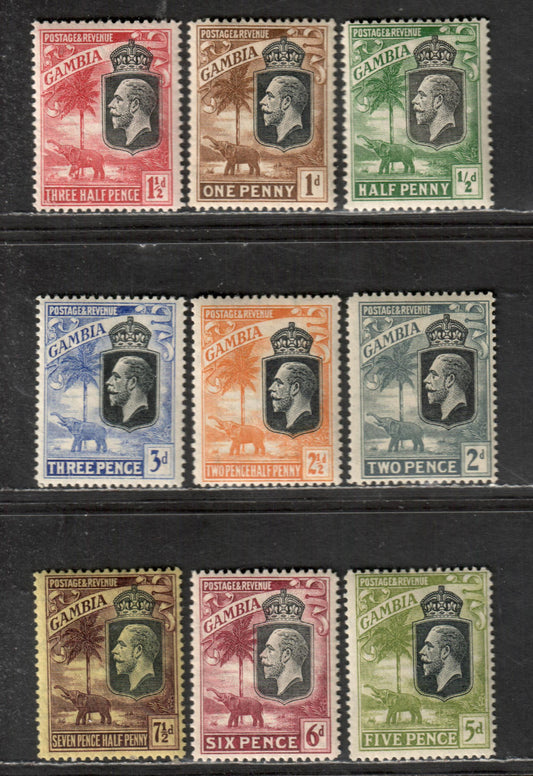 Lot 20 Gambia SG#122/132 1922-1929 Elephant & River Scene Definitves Issue, With Script CA Watermark, Various Perfs, 9 F/VF OG Singles, Click on Listing to See ALL Pictures, Estimated Value $30