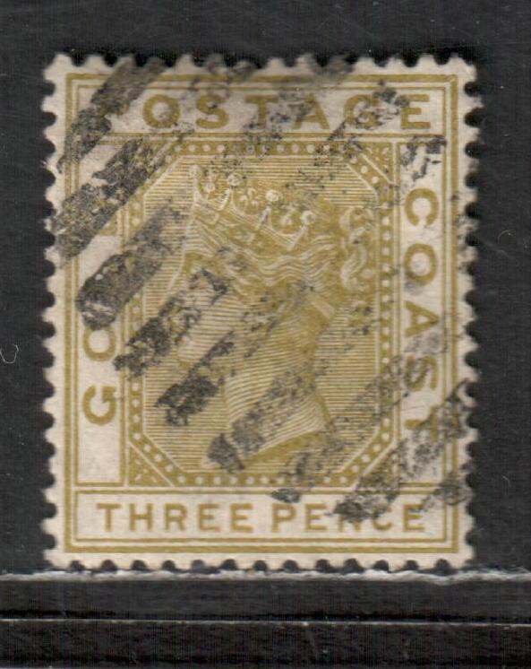 Lot 26 Gold Coast SG#15 3d Olive Yellow 1884-1891 Queen Victoria Keyplate Issue, 1889 Printing With Typcal Grid Killer Cancel, A F/VF Used Single, Click on Listing to See ALL Pictures, Estimated Value $15