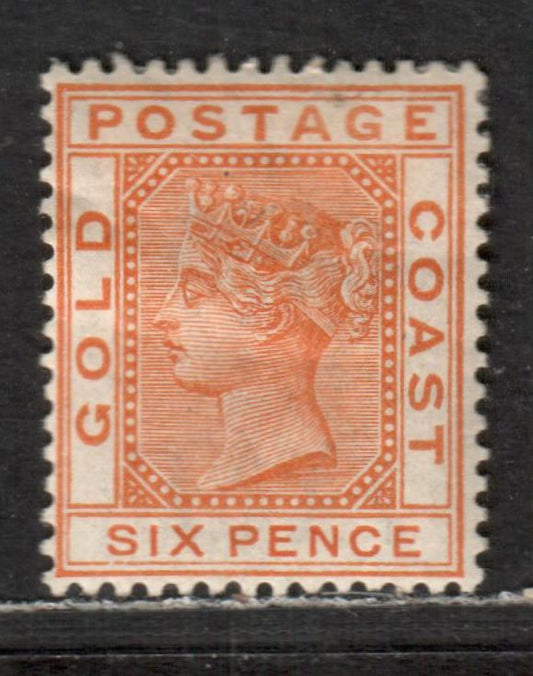 Lot 28 Gold Coast SG#17 6d Orange 1884-1891 Queen Victoria Keyplate Issue, 1889 Printing With crown CA Watermark, A VFOG Single, Click on Listing to See ALL Pictures, Estimated Value $25