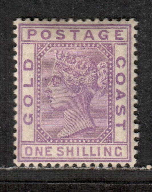 Lot 29 Gold Coast SG#18a 1/- Bright Mauve 1884-1891 Queen Victoria Keyplate Issue, With crown CA Watermark, A VFOG Single, Click on Listing to See ALL Pictures, Estimated Value $20