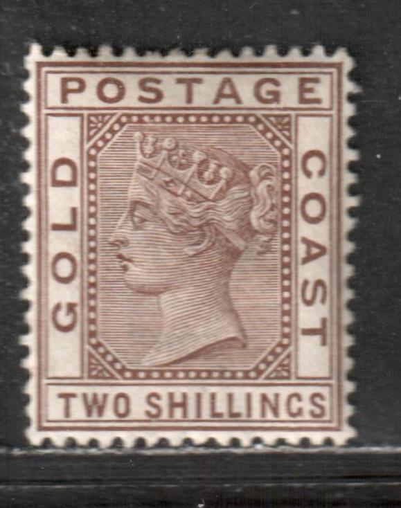 Lot 30 Gold Coast SG#19a 2/- Deep Brown 1884-1891 Queen Victoria Keyplate Issue, With crown CA Watermark, A VFOG Single, Click on Listing to See ALL Pictures, Estimated Value $60