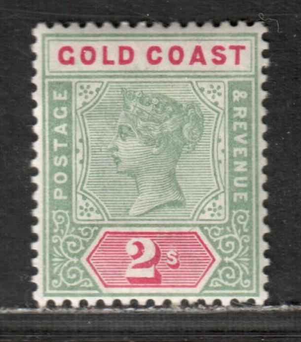 Lot 33 Gold Coast SG#32 2/- Green & Carmine 1898-1902 Queen Victoria Imperium Keyplate Issue, A VFOG Single, Click on Listing to See ALL Pictures, Estimated Value $35