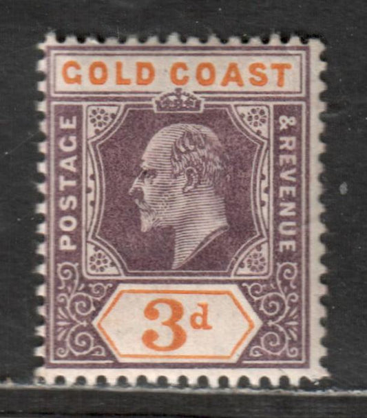 Lot 38 Gold Coast SG#53 3d Dull Purple & Orange 1904-1906 King Edward VII Imperium Keyplates Issue, With Multiple crown CA, A FOG Single, Click on Listing to See ALL Pictures, Estimated Value $45