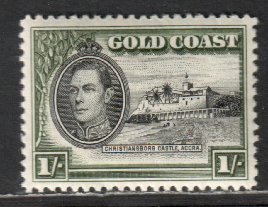 Lot 43 Gold Coast SG#128 1/- Black & Olive Green 1938-1941 George VI And Christiansborg Castle Issue, 1938 Printing With Uncommon Line Perf 12, A VFNH Single, Click on Listing to See ALL Pictures, Estimated Value $30