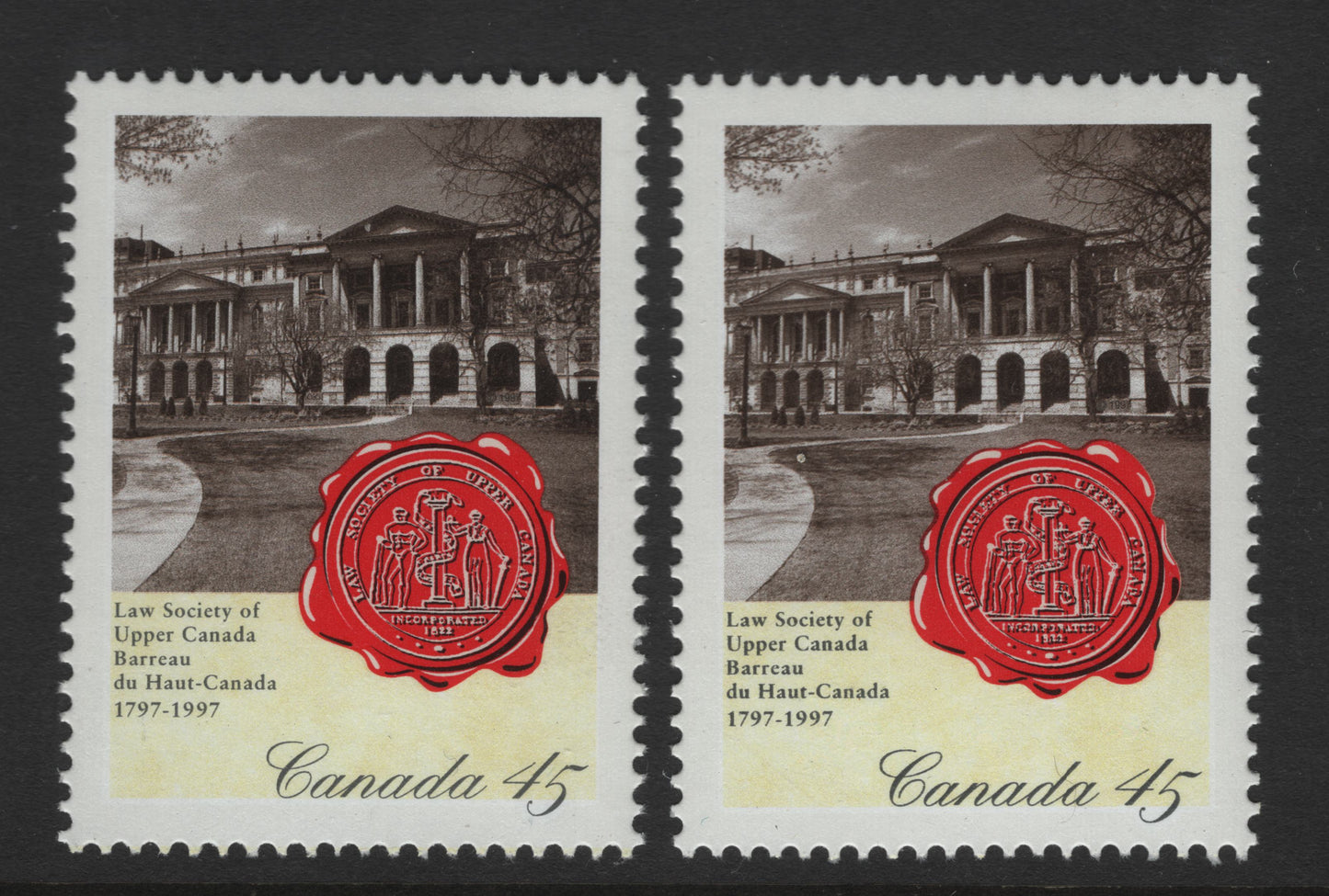 Canada  #1640var 45c Multicoloured Osgoode Hall, 1997 Law Society Of Upper Canada, A VFNH Single Showing marked Misregistration Of Text On Wax Seal, With Normal To Compare