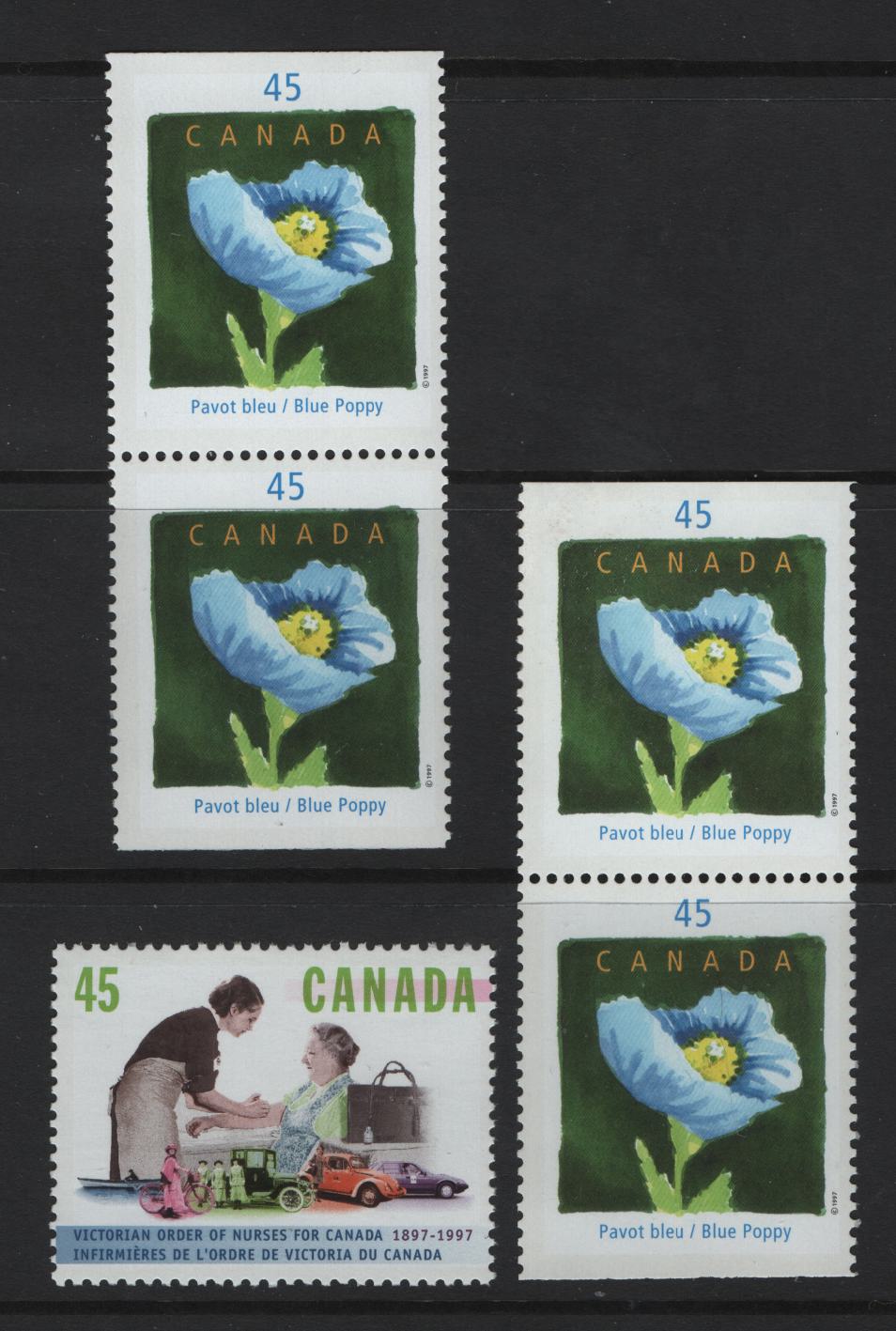 Canada  #1638-1639 45c Multicoloured Blue Poppy & Nurse & Patient, 1997 Quebec en Fleurs Issue, 2 VFNH Booklet Pairs & Single MF & HF Peterborough Papers