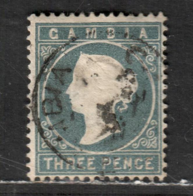 Lot 5 Gambia SG#28 3d Slate Grey 1886-1893 Queen Victoria Cameo Issue, 1886 Printng With crown CA Sideways Wmk, A Fine Used Single, Click on Listing to See ALL Pictures, Estimated Value $9