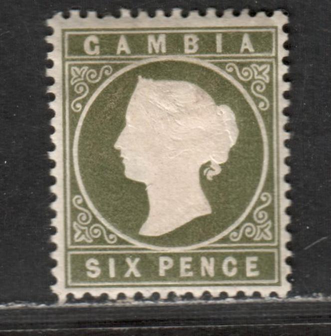 Lot 6 Gambia SG#32d 6d Olive Green 1886-1893 Queen Victoria Cameo Issue, 1887 Printing With crown CA Sideways Wmk, A VFOG Single, Click on Listing to See ALL Pictures, Estimated Value $80