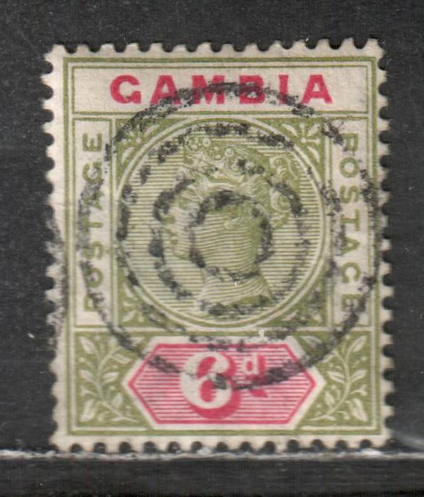 Lot 8 Gambia SG#43 6d Olive Green & Carmine 1898-1902 Queen Victoria Keyplates Issue, With Target Cancel, A Fine Used Single, Click on Listing to See ALL Pictures, Estimated Value $25