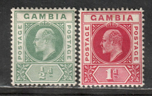 Lot 9 Gambia SG#45/46 1902-1905 King Edward VII Keyplates Issue, With crown CA Wmk, 1/2d Green & 1d Carmine, 2 VFUN & VFOG Singles, Click on Listing to See ALL Pictures, Estimated Value $20