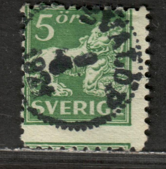 Lot 155 Sweden Facit#140c var SG#126 5 ore Green 1920-1926 Standing Lions Issues, type I, Perf 10 Misperf, Unwatermarked. Unlisted, A Fine Used Single, Click on Listing to See ALL Pictures, Estimated Value $22