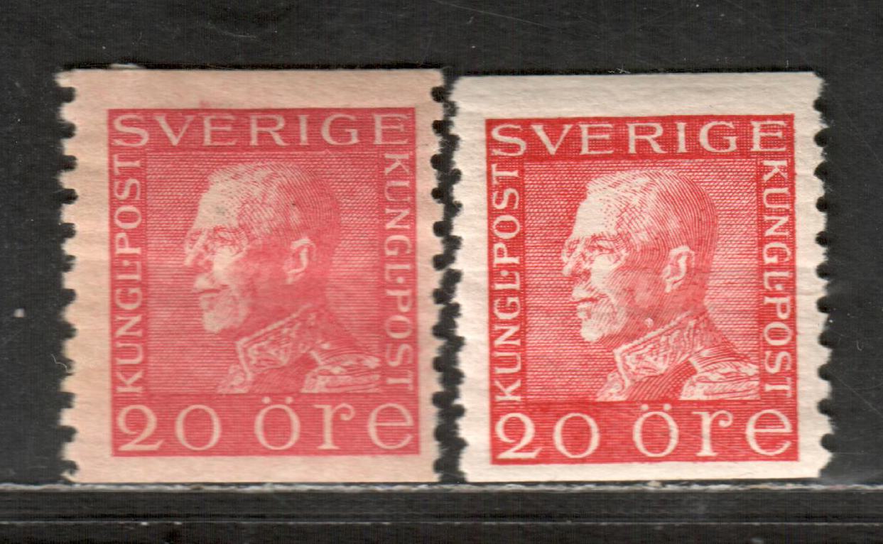 Lot 70 Sweden Facit#180a-b SG#171 20 ore 1921-1936 King Gustaf V Issue, On Dull Red On Tinted Paper & Carmine Red On White Paper, Perf 10 Vert, A FOG Single, Click on Listing to See ALL Pictures, Estimated Value $30