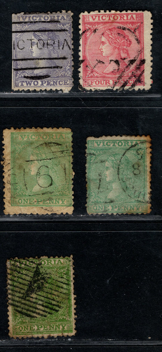 Australia - Victoria SG#108/121b 1863-1873 Laureate Issue, Perf 12x13, De la Rue & T.H Saunders papers, Single Lined Numeral Wmks, 5 Good/Very Good Used Singles, Click on Listing to See ALL Pictures, Estimated Value $12
