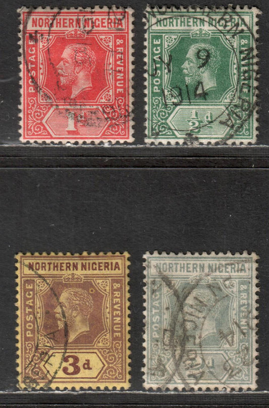 Northern Nigeria SG #40-43  King George V, 1912-1913 Imperium Keyplates Issue With Multiple Crown CA Wmk, 4 Very Fine Used Singles 1/2d Green - 3d Brown On Yellow