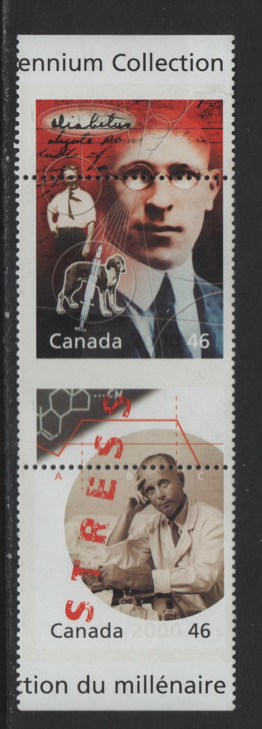 Lot 87 Canada #1822b,dvar 46c Multicoloured Sir Frederic Banting & Dr. Hans Selye, 2000 The Millennium Collection Issue, A VFNH Vertical Pair With Perforation Shift Resulting In G4dH and G4cT Tagging Errors, Small Tear In Selvedge At Top