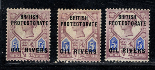 Lot 161 Niger Coast Prot. SG#5 5d Pale Dull Purple & Ultramarine Queen Victoria, 1892-1894 Overprinted 1887 Jubilee Issue, 3 F/VFOG Singles From Columns 4&10 (R Slanted, H Raised), Columns 5&11 (B&H Raised Slightly) & Columns 6&12 (B Leveled, H Raised),
