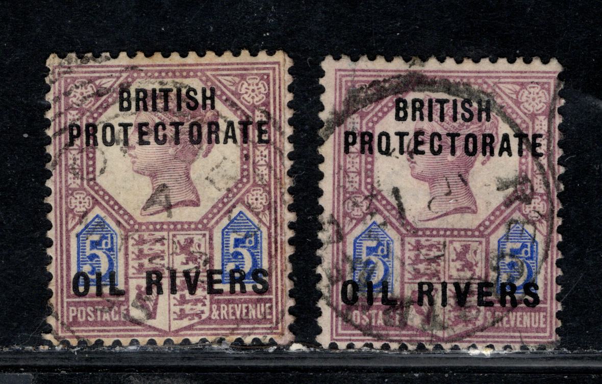 Niger Coast Protectorate SG#5 5d Dull Purple & Ultramarine Queen Victoria, 1892-1894 Overprinted 1887 Jubilee Issue, 2 Fine/Very Fine Used Singles From Columns 5&11 (B&H Raised Slightly) & 6&12 (B Level & H Raised),