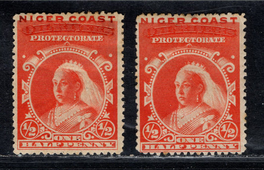 Niger Coast Protectorate SG#45a 1/2d Queen Victoria, 1893-1894 Obliterated Oil Rivers Issue, 2 F&VF OG Singles On Horizontal & Vertical Wove Paper, Perf 13 1/2 - 14