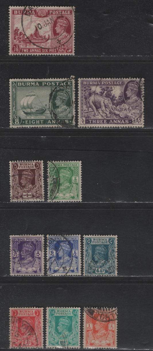 Burma SG#18b-26, 29 1p Red Orange - 8a Myrtle Green King George VI - The Irrawaddy, 1938-1940 King George VI Definitive Issue, 11 Very Fine Used Singles