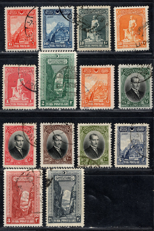 Turkey SC#634-647 10pa - 200g Slate - Brown & Black The Legendary Blacksmith - Mustafa Kemal Fasha, 1926 Pictorial Definitive Issue, 14 Very Fine Used Singles