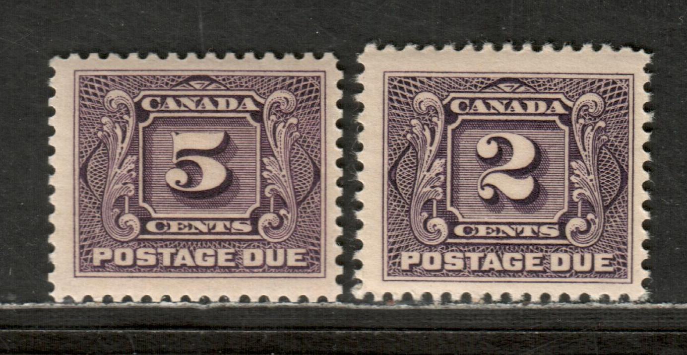 Lot 162 (C) Canada #J2c, J4c 2c, 5c Reddish Violet & Blackish Purple Numeral On Fancy Background, 1924-1928 First Postage Due Issue, 2 Fine NH Singles Dry Printings