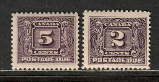 Lot 162 (C) Canada #J2c, J4c 2c, 5c Reddish Violet & Blackish Purple Numeral On Fancy Background, 1924-1928 First Postage Due Issue, 2 Fine NH Singles Dry Printings