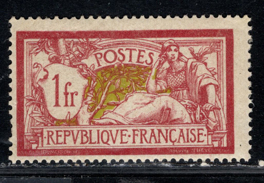Lot 163 France Maury#121 (Scott # 125) 1fr Wine Red & Olive Liberty & Peace, 1900-1929 Blanc, Mouchon & Merson Issue, A FOG Single
