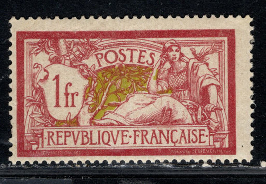 Lot 163 France Maury#121 (Scott # 125) 1fr Wine Red & Olive Liberty & Peace, 1900-1929 Blanc, Mouchon & Merson Issue, A FOG Single