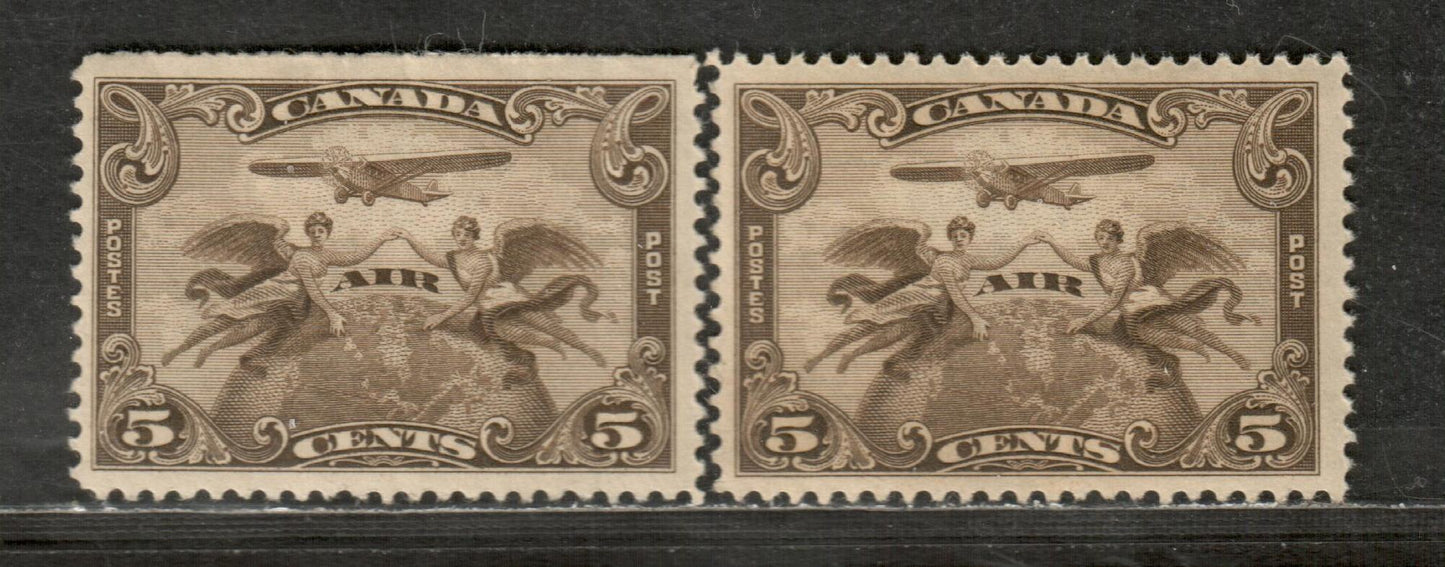 Canada #C1 5c Olive Brown & Deep Olive Brown Winged Figures Against Globe, 1928 Air Mail Issue, 2 VFOG Singles With Streaky Gum