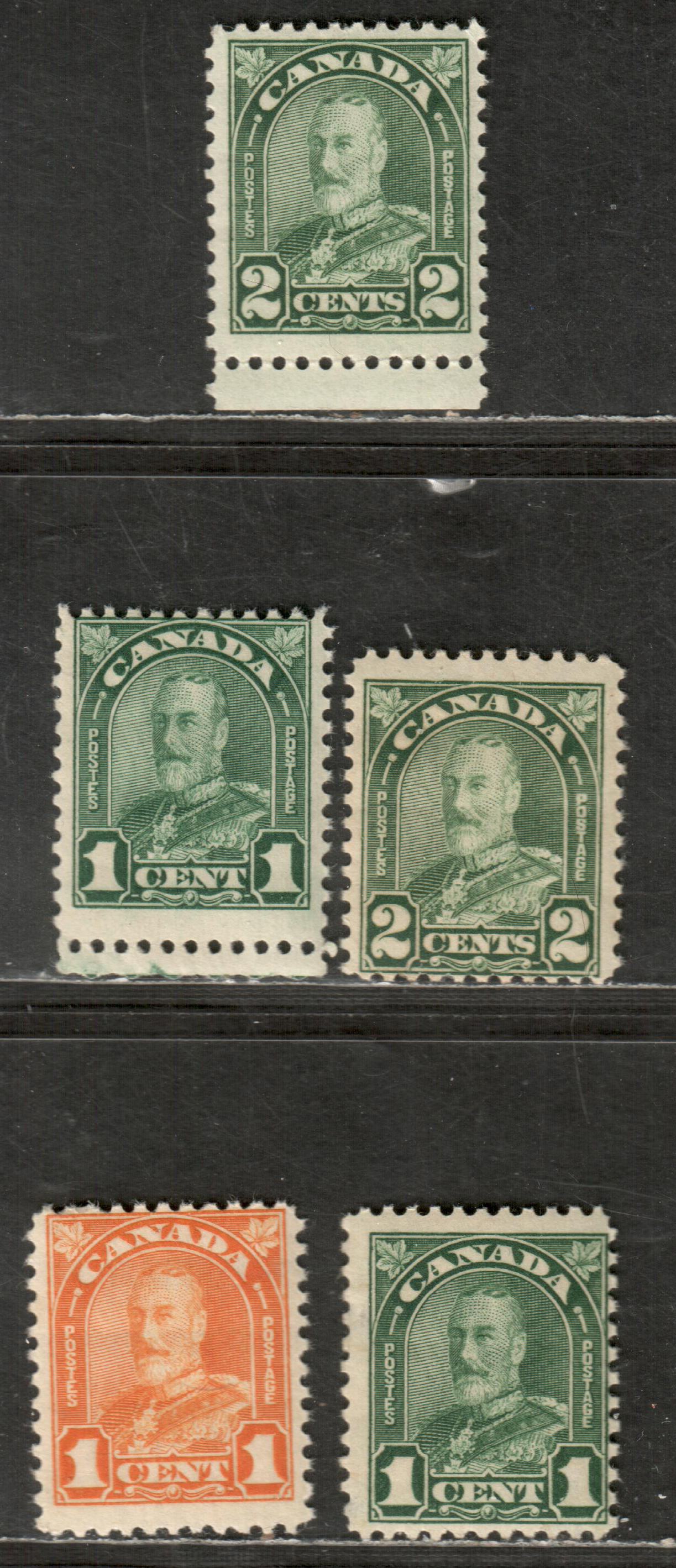 Canada #162, 163, 163b, 164, 1930-1931 King George V Arch / Leaf Issue, 5 FOG Singles
