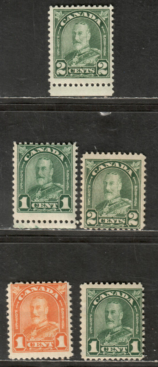 Canada #162, 163, 163b, 164, 1930-1931 King George V Arch / Leaf Issue, 5 FOG Singles