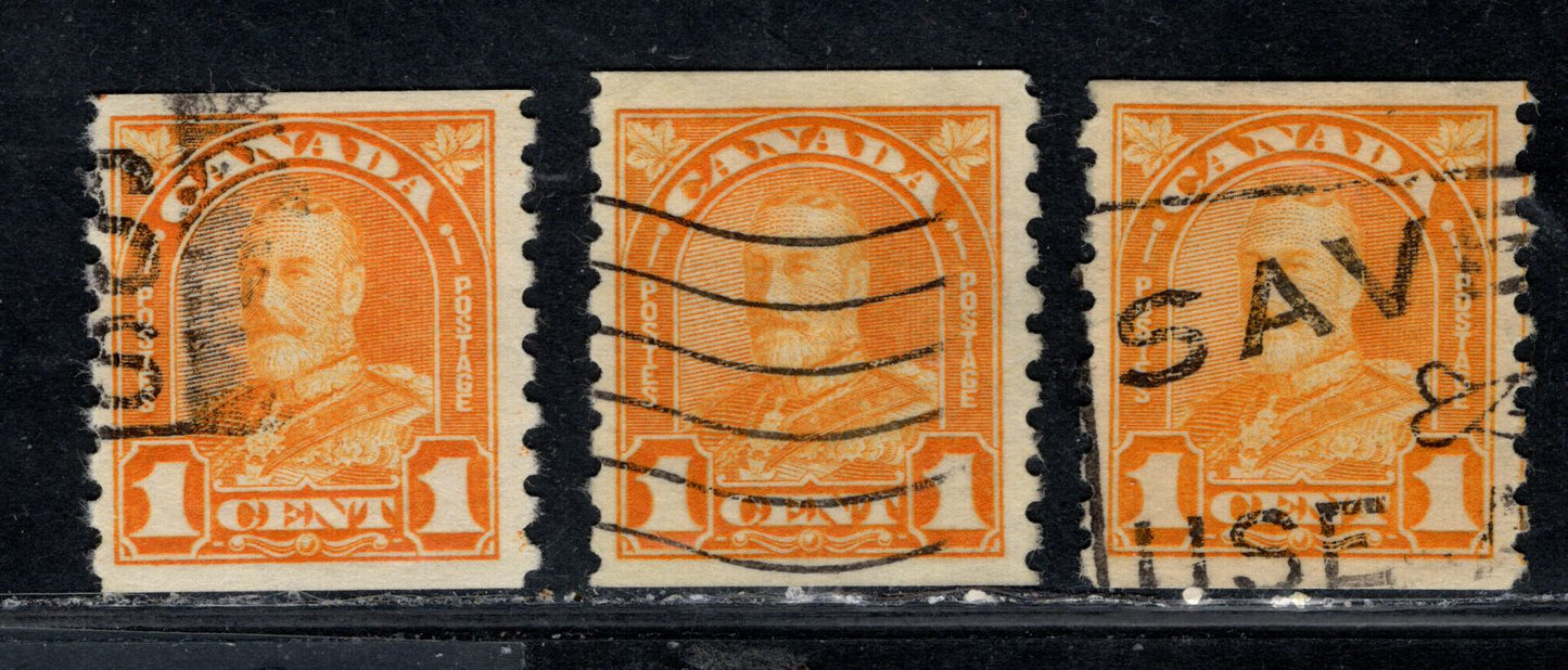 Canada #178 1c Deep Bright Orange, Dull Orange & Dull Yellow Orange King George V, 1930-1931 Arch/Leaf Coil Issue, 3 Very Fine Used Singles