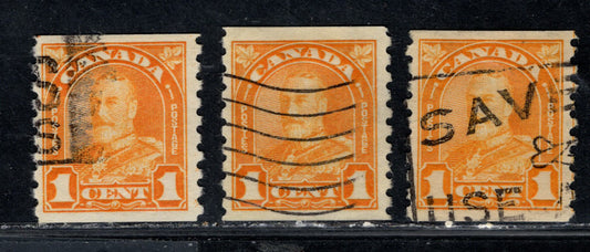 Canada #178 1c Deep Bright Orange, Dull Orange & Dull Yellow Orange King George V, 1930-1931 Arch/Leaf Coil Issue, 3 Very Fine Used Singles