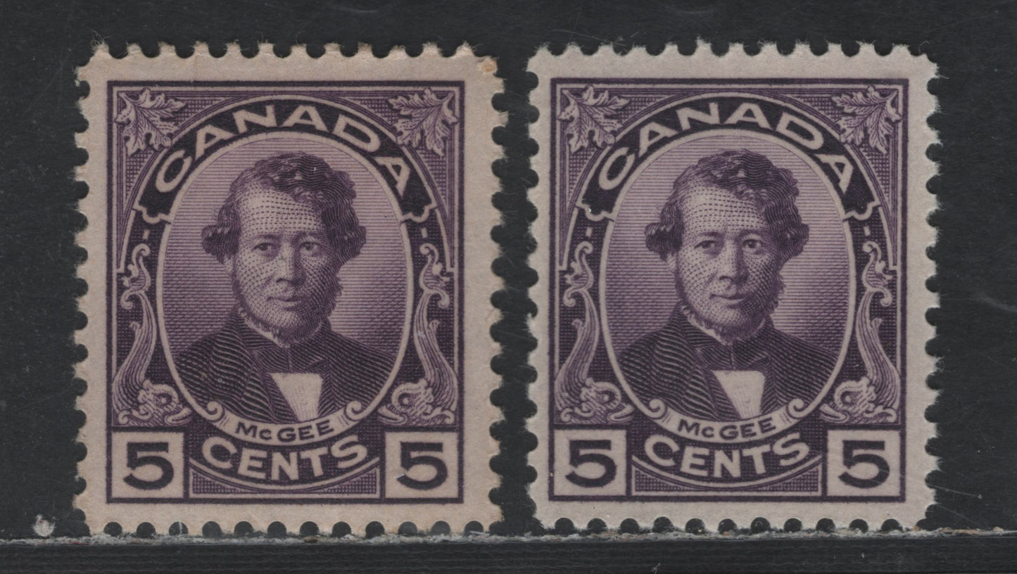 Canada #146 5c Purple & Bright Purple Thomas D'arcy McGee, 1927 Historical Issue, 2 VFOG Singles With Streaky Gum