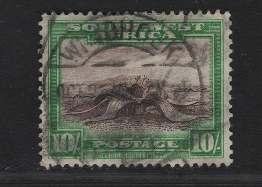 South West Africa SC#119A 10/- Green & Brown Welwitschia, 1931-1937 Pictorial issue, A Very Fine Used Single, Perf 14x13.5, Wmk 201 English Single
