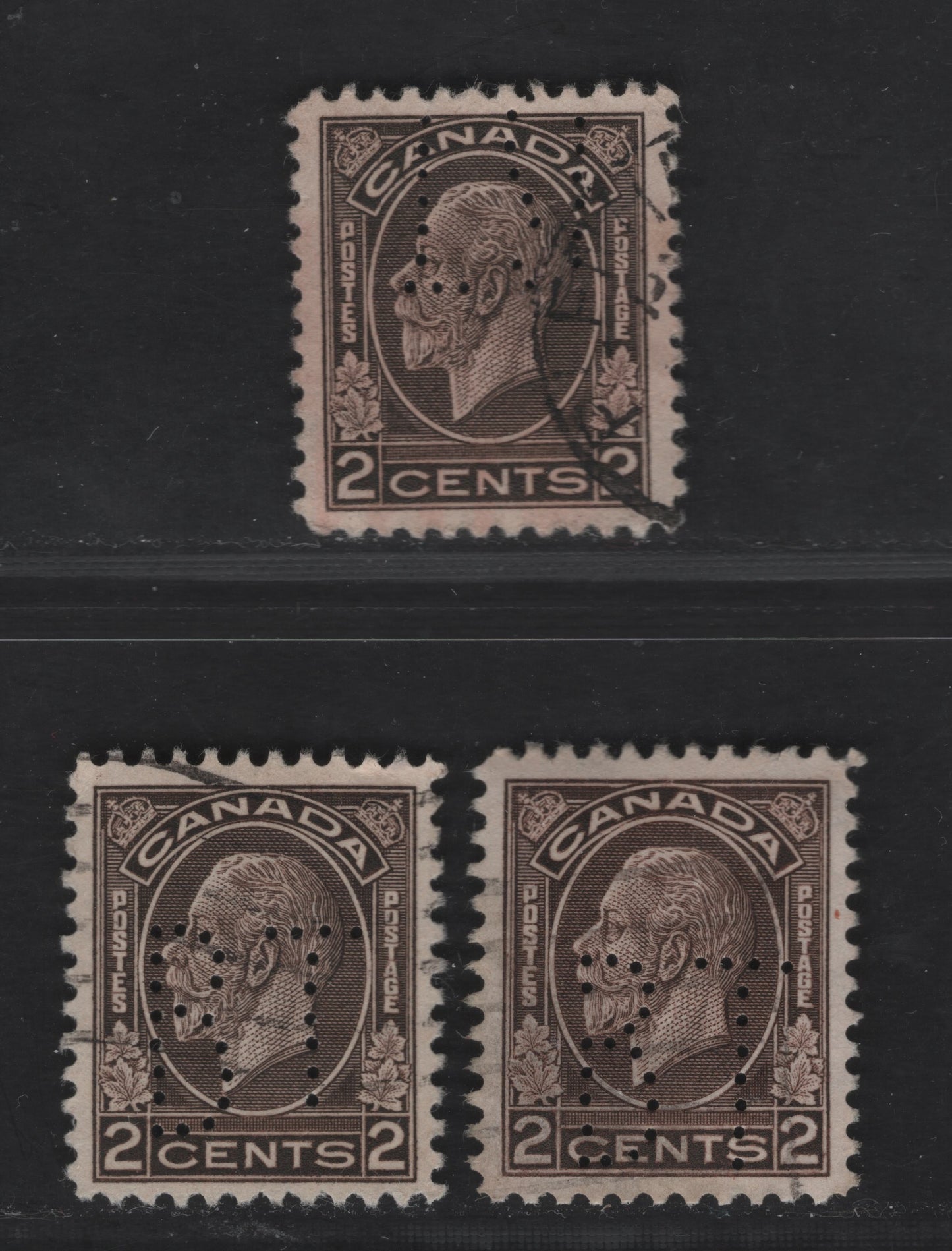 Canada #196var, 196ivar 2c Black Brown, Dark Brown & Deep Brown King George V, 1932-1935 Medallion Issue, 3 VF Used Singles With Normal & Inverted Damaged Bell Telephone Perfins, Incl 2 Dry Rotary Press Printings