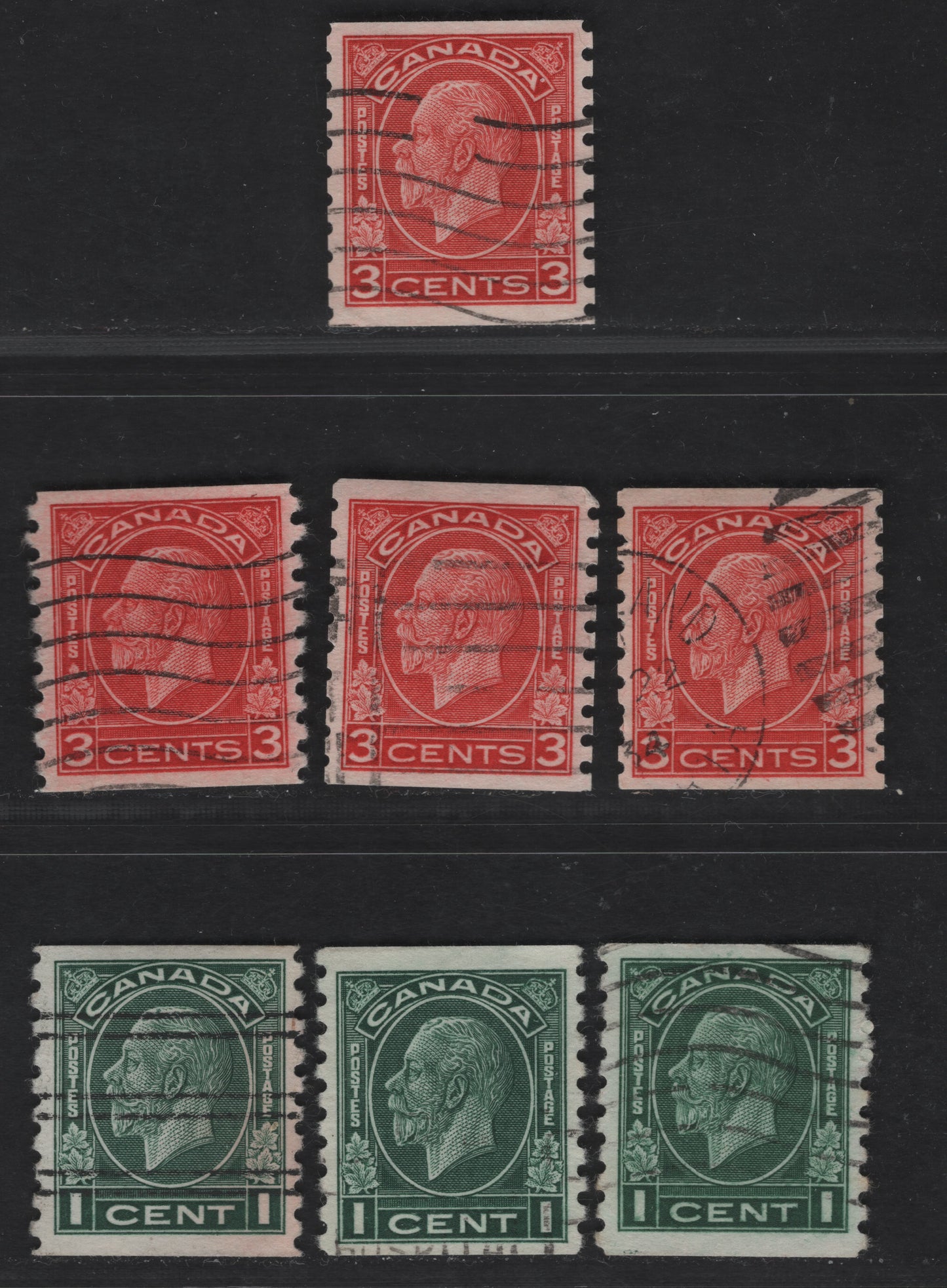 Canada #205, 205xx, 207 1c, 3c Dark Green, Myrtle Green Shades, Red, Deep Red, Scarlet King George V, 1932-1935 Medallion Issue, 7 Fine & VF Used Coil Singles