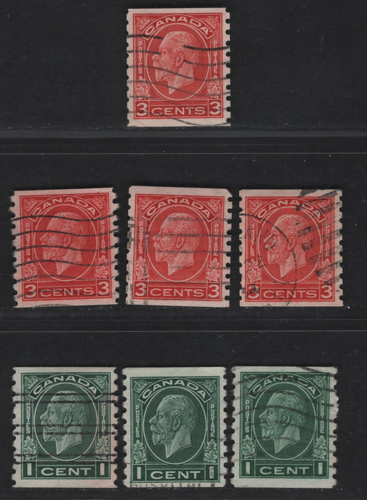 Canada #205, 205xx, 207 1c, 3c Dark Green, Myrtle Green Shades, Red, Deep Red, Scarlet King George V, 1932-1935 Medallion Issue, 7 Fine & VF Used Coil Singles