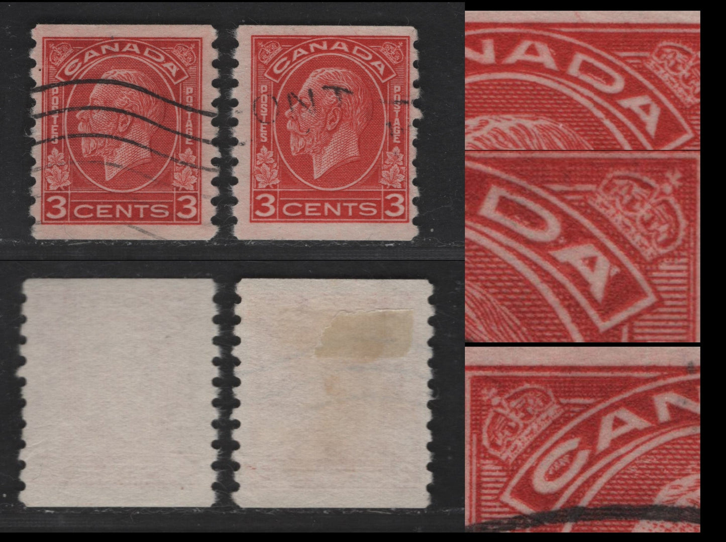 Canada #207 3c Deep Red & Bright Red King George V, 1932-1935 Medallion Issue, 2 Fine Used Coil Singles Both With Die Flaws Near Letters Of Canada