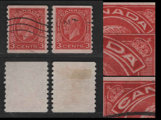 Canada #207 3c Deep Red & Bright Red King George V, 1932-1935 Medallion Issue, 2 Fine Used Coil Singles Both With Die Flaws Near Letters Of Canada