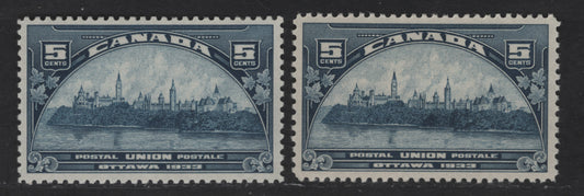 Canada #202 5c Deep Dull Blue & Deep Blue Parliament Buildings, 1933 UPU Meeting Issue, 2 VFOG Singles Yellowish Cream & Cream Semi-Gloss Gum