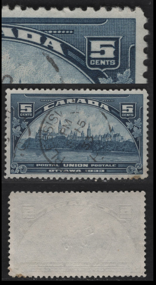 Canada #202var 5c Deep Blue, 1933 UPU Meeting Issue, A VF Used Single With Re-Entry In UR Spandrel, Most All Vertical Lattice Lines Doubled, Hard To See In The Scan, But Clear With A Loupe, Sept. 15 1933 Plessisville, PQ CDS Cancel
