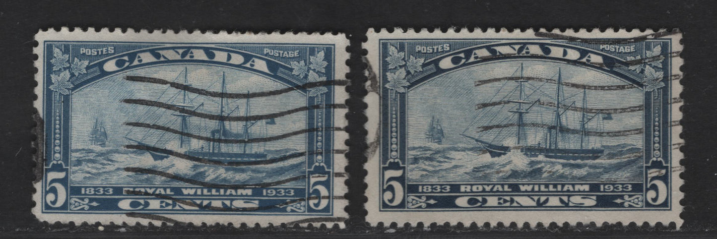 Canada #204var 5c Dark Dull Blue, Pale Bright Blue Royal William, 1933 Royal William Issue, 2 Fine Used Singles Very Scarce, First Time We Have Offered Or Seen This Pale A Shade Of Blue On This Issue