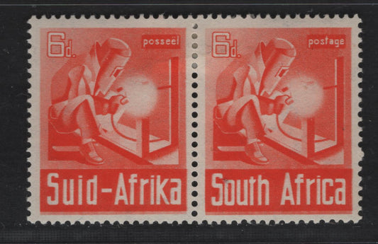 Lot 166 South Africa SC#87 6d Bright Red Orange Welder, 1941-1943 War Issue, A VFOG Pair, Perf 14, Wmk 201