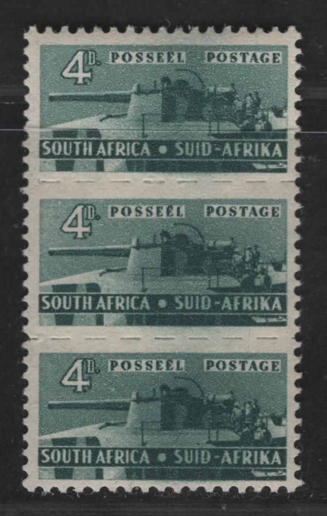 Lot 166 South Africa SC#95 4d Dark Green Artillery, 1942-1943 War Issues, A VFOG Strip Of 3, Perf15x14, Roulette 6.5 Between, Wmk 201