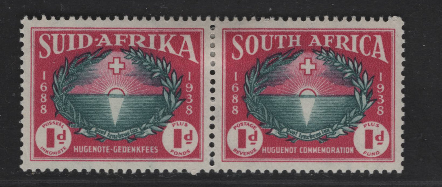 Lot 168 South Africa SC#B10 1d + 1d Rose Carmine & Prussian Green Rising Sun & Cross, 1939 Semi Postal Issue, A VFOG Se-tenant Pair, Perf 14, Wmk 201