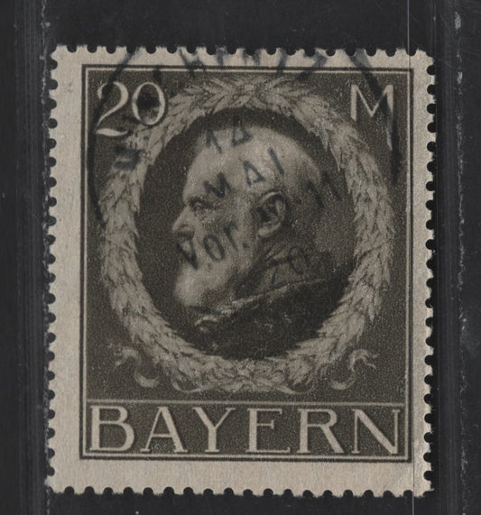 Bavaria #114 20m Deep Grey Brown, 1914-1920 King Ludwig III Issue, A VG Used Single Wartime Printing With May 4, 1920 Postal Cancel, But Small Corner Crease At Lower Right